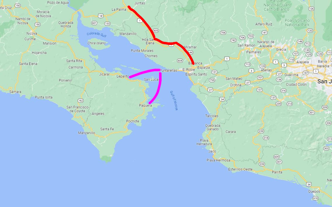 routes north and south in costa rica