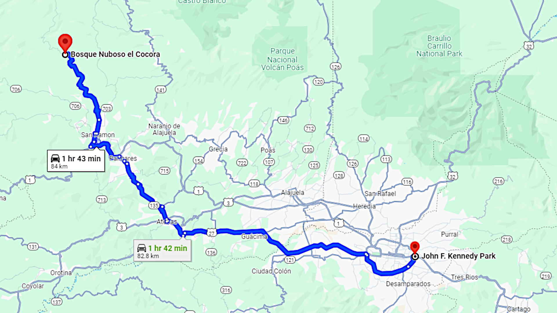 route from the butterfly dome to san jose